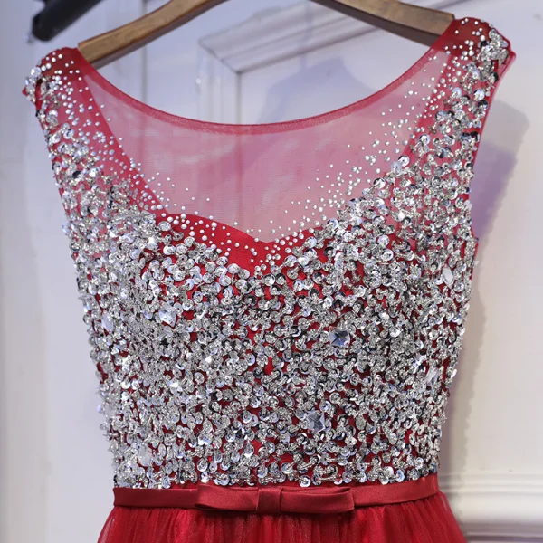 Sparkly Red Formal Dresses Evening Dresses  2017 Sequins Bow Backless Scoop Neck Sleeveless Ankle Length Empire