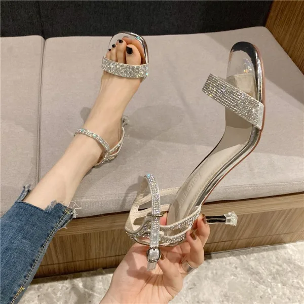 Sexy Argenté Faux Diamant Soirée Sandales Femme 2021 Bride Cheville 6 cm Talons Aiguilles Peep Toes / Bout Ouvert Sandales Talons Hauts