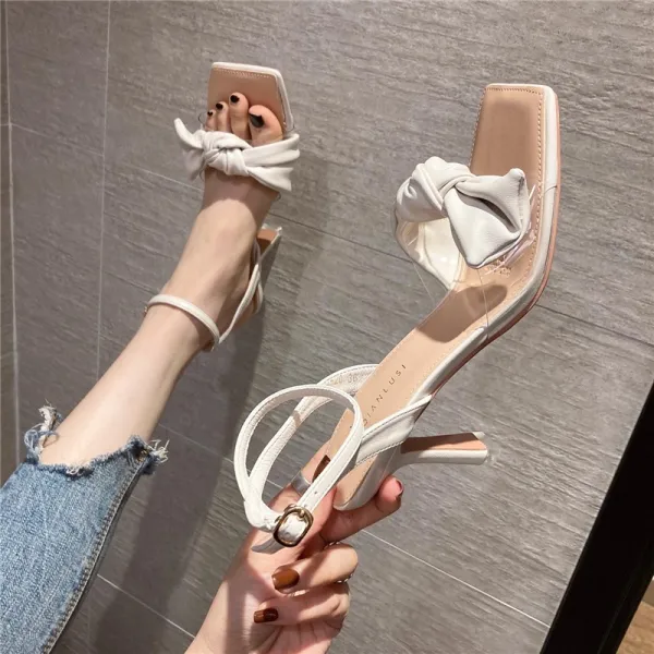 Mode Blanche Vêtement de rue Noeud Sandales Femme 2021 Bride Cheville 8 cm Talons Aiguilles Peep Toes / Bout Ouvert Sandales Talons Hauts