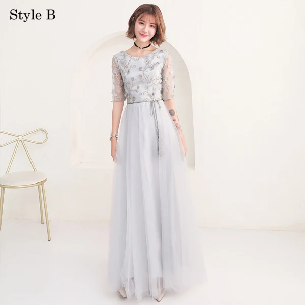 Abordable Gris Robe Demoiselle D'honneur 2018 Princesse En Dentelle Noeud Dos Nu Longueur Cheville Robe Pour Mariage