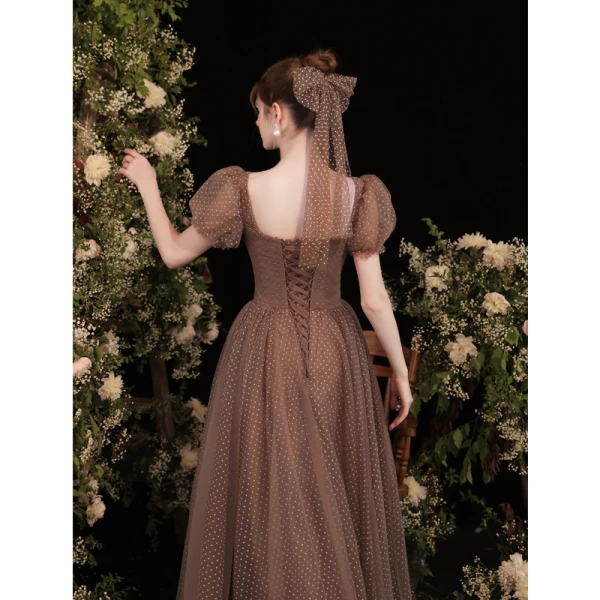 Vintage / Retro Brown Spotted Prom Dresses 2021 A-Line / Princess Square Neckline Short Sleeve Backless Floor-Length / Long Prom Formal Dresses