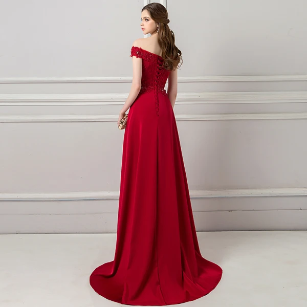 Schöne Burgunderrot Abendkleider 2018 A Linie Mit Spitze Perlenstickerei Perle Strass Off Shoulder Ärmellos Rückenfreies Sweep / Pinsel Zug Festliche Kleider