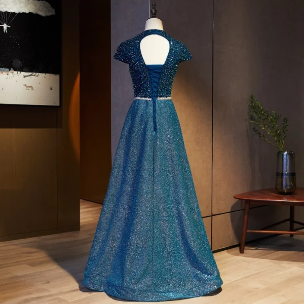 Vintage Marineblau Ballkleider 2021 A Linie V-Ausschnitt Perlenstickerei Strass Pailletten Kurze Ärmel Rückenfreies Lange Ball Festliche Kleider