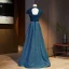 Vintage Marineblau Ballkleider 2021 A Linie V-Ausschnitt Perlenstickerei Strass Pailletten Kurze Ärmel Rückenfreies Lange Ball Festliche Kleider