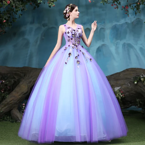 Vintage / Retro Quinceañera Lavender Prom Dresses 2018 Ball Gown Appliques Lace V-Neck Backless Sleeveless Floor-Length / Long Formal Dresses