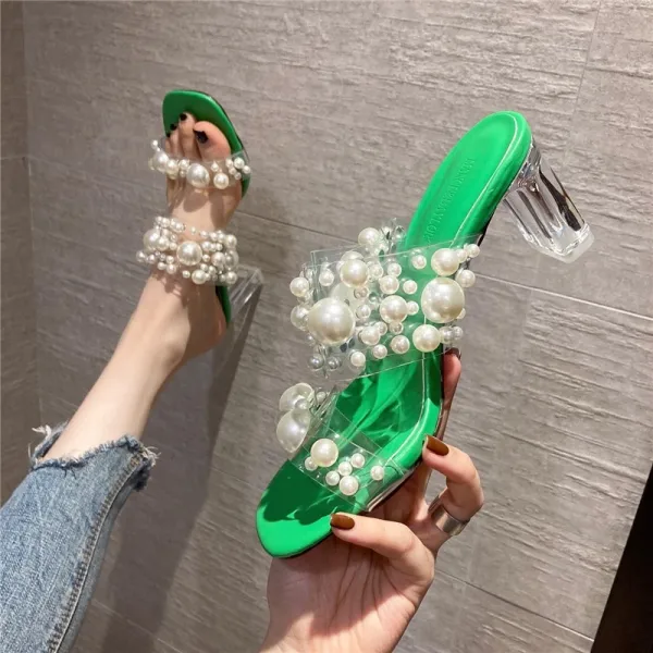 Chic / Beautiful Yellow Street Wear Pearl Womens Sandals 2021 7 cm Crystal Thick Heels Open / Peep Toe Sandals High Heels