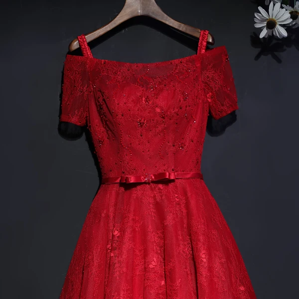 Chic / Beautiful Red Formal Dresses Evening Dresses  2017 Lace Flower Bow Sequins Square Neckline Short Sleeve Ankle Length A-Line / Princess