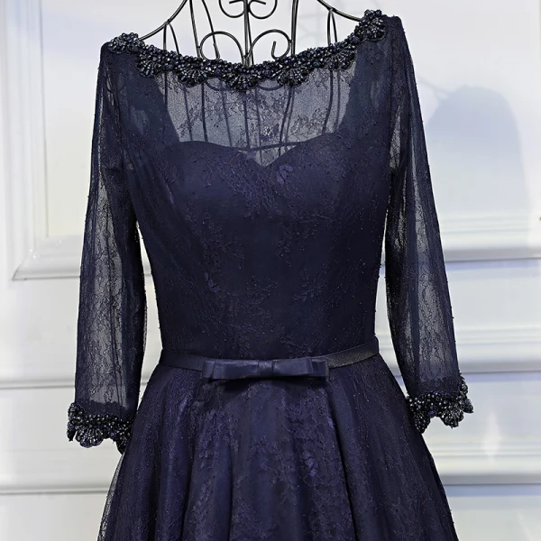 Chic / Belle Bleu Marine Robe De Ceremonie 2017 En Dentelle Fleur Paillettes Noeud Encolure Dégagée 3/4 Manches Longueur Cheville Princesse Robe De Soirée