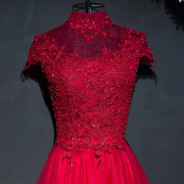 Chic / Belle Rouge Robe De Ceremonie 2017 En Dentelle Fleur Paillettes Col Haut Manches Courtes Longue Empire Robe De Soirée