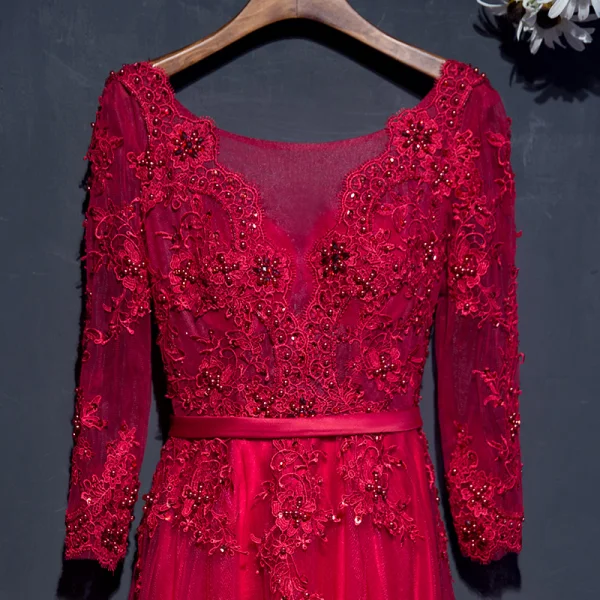 Chic / Beautiful Red Formal Dresses Evening Dresses 2017 Lace Flower Sequins Pearl 3/4 Sleeve V-Neck Ankle Length A-Line / Princess