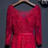 Chic / Beautiful Red Formal Dresses Evening Dresses  2017 Lace Flower Sequins Pearl 3/4 Sleeve V-Neck Ankle Length A-Line / Princess