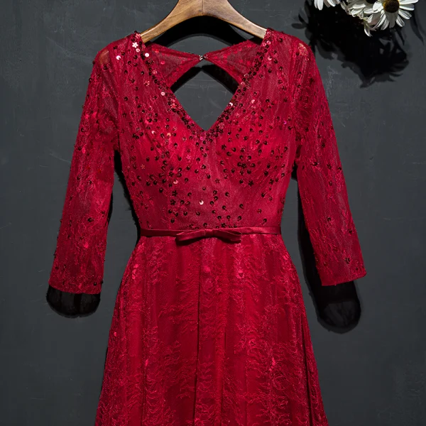 Chic / Belle Rouge Robe De Ceremonie Robe De Soirée 2017 Dentelle Paillettes Noeud Dos Nu Longueur Cheville V-Cou 3/4 Manches Princesse
