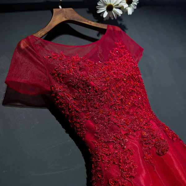 Chic / Belle Rouge Robe De Ceremonie Robe De Soirée 2017 En Dentelle Fleur Paillettes Perle Encolure Dégagée Manches Courtes Princesse