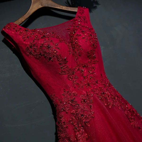 Chic / Beautiful Red Formal Dresses Evening Dresses  2017 Lace Flower Sleeveless Square Neckline A-Line / Princess