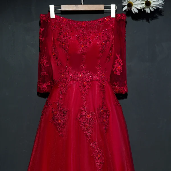 Chic / Beautiful Red Formal Dresses Evening Dresses 2017 Lace Flower Sequins Off-The-Shoulder 1/2 Sleeves Ankle Length A-Line / Princess