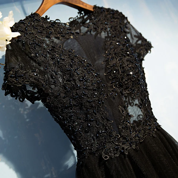Elegant Black Formal Dresses 2017 Lace Flower Sequins Backless Ankle Length Short Sleeve A-Line / Princess Evening Dresses