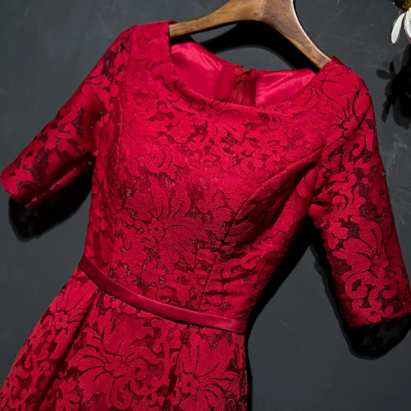 Chic / Belle Rouge Robe De Ceremonie 2017 En Dentelle Fleur Encolure Dégagée 1/2 Manches Longueur Cheville Princesse Robe De Soirée