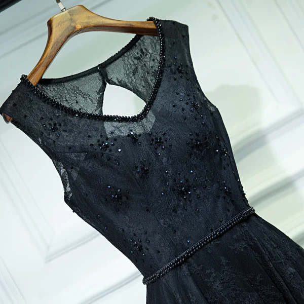 Black Elegant Formal Dresses Lace Flower Strappy Sequins Ankle Length V-Neck Sleeveless Ball Gown A-Line / Princess 2017 Evening Dresses
