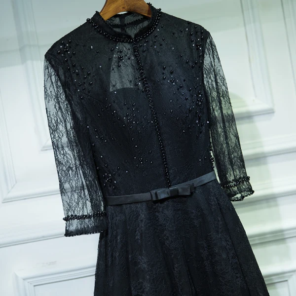 Classic Black Formal Dresses 2017 Lace Flower Sequins Pearl 3/4 Sleeve Ankle Length A-Line / Princess Evening Dresses