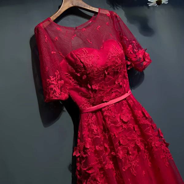 Chic / Beautiful Red Formal Dresses 2017 Lace Flower Strappy 1/2 Sleeves Ankle Length Empire Evening Dresses