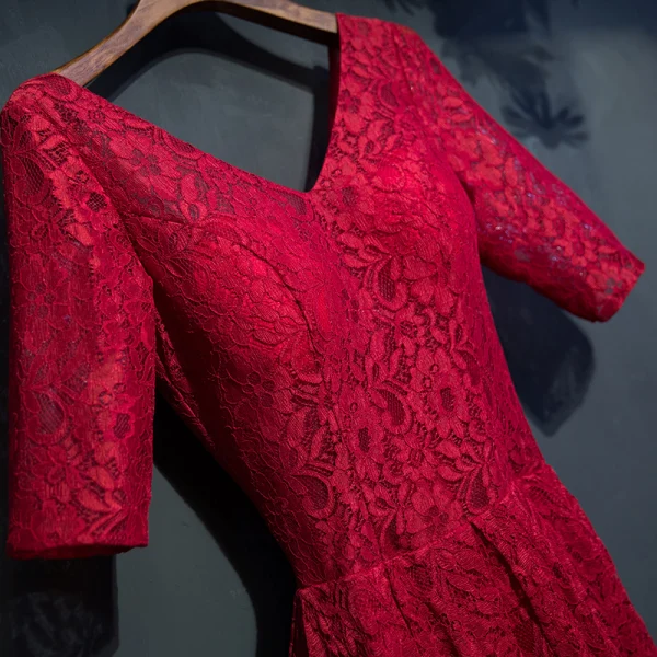 Chic / Belle Rouge Robe De Ceremonie 2017 En Dentelle Fleur Dos Nu 1/2 Manches V-Cou Longueur Cheville Empire Robe De Soirée