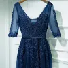Modest / Simple Navy Blue Wedding Party Dresses Bridesmaid Dresses 2017 Lace Flower Sequins V-Neck Ankle Length Bridesmaid 1/2 Sleeves Empire