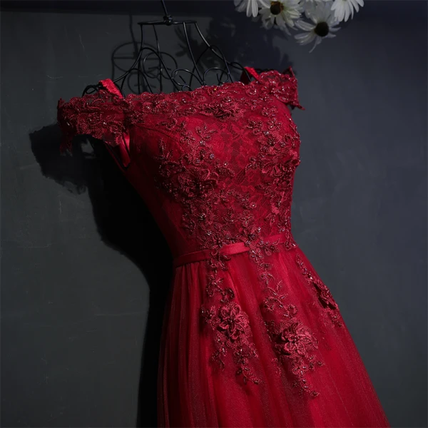 Chic / Beautiful Red Formal Dresses Evening Dresses 2017 Lace Flower Strappy Sequins Square Neckline Short Sleeve Empire