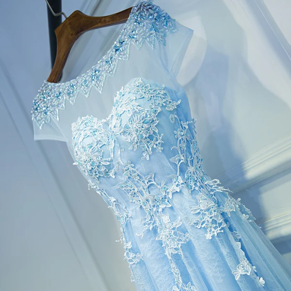 Elegant Sky Blue Wedding Party Dresses 2017 Empire Lace Flower Beading Scoop Neck Short Sleeve Tea-length Bridesmaid Dresses
