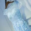 Elegant Sky Blue Wedding Party Dresses 2017 Empire Lace Flower Beading Scoop Neck Short Sleeve Tea-length Bridesmaid Dresses
