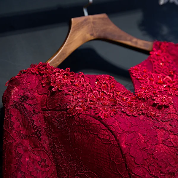 Chic / Belle Rouge Robe De Ceremonie 2017 Princesse En Dentelle Fleur Perlage Encolure Dégagée 1/2 Manches Longueur Cheville Robe De Soirée