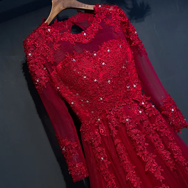 Chic / Belle Rouge Robe De Ceremonie 2017 Princesse Dentelle Fleur Perlage Cristal Encolure Dégagée Manches Longues Longue Robe De Soirée