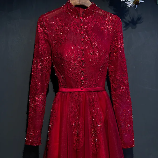 Chic / Beautiful Red Formal Dresses 2017 A-Line / Princess Lace Flower Beading High Neck Floor-Length / Long Long Sleeve Evening Dresses