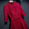 Chic / Beautiful Red Formal Dresses Evening Dresses  2017 Lace Flower Bow Sequins High Neck 1/2 Sleeves Ankle Length A-Line / Princess