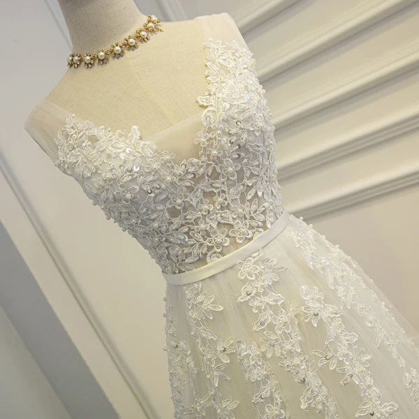 Elegant White Formal Dresses 2017 A-Line / Princess Lace Flower Pearl Strappy Sequins Short Sleeve Floor-Length / Long Prom Dresses