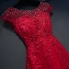 Chic / Beautiful Red Formal Dresses 2017 Lace Flower Sequins Beading Scoop Neck Short Sleeve Ankle Length A-Line / Princess Evening Dresses