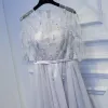 Modest / Simple Silver Graduation Dresses 2017 Lace Flower Zipper Up Beading Short Scoop Neck 3/4 Sleeve A-Line / Princess Formal Dresses