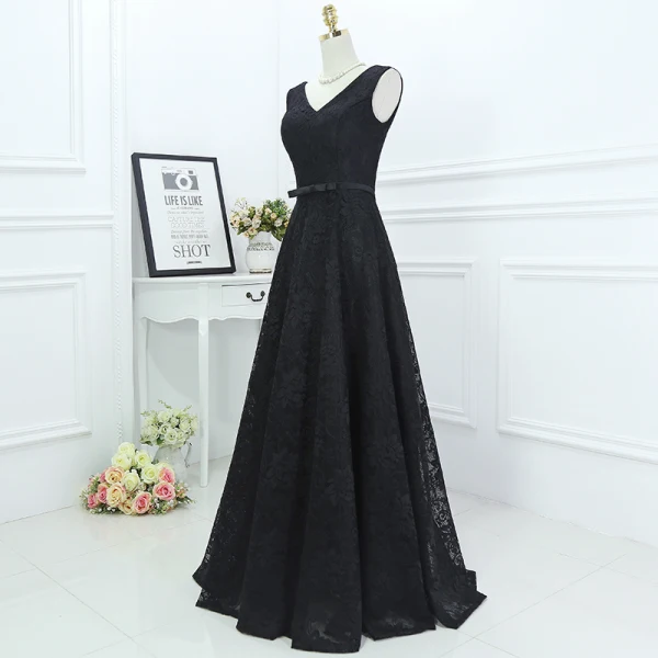 Classic Black Formal Dresses 2017 A-Line / Princess Lace Flower Bow V-Neck Sleeveless Floor-Length / Long Evening Dresses