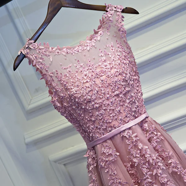 Modest / Simple Candy Pink Bridesmaid Dresses 2017 A-Line / Princess Lace Flower Beading Scoop Neck Sleeveless Short Wedding Party Dresses