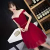 Sexy Red Formal Dresses 2017 A-Line / Princess Bow Backless Off-The-Shoulder Short Sleeve Short Party Dresses