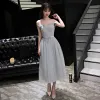 Sexy Grey Graduation Dresses 2017 A-Line / Princess Bow Backless Off-The-Shoulder Short Sleeve Short Formal Dresses