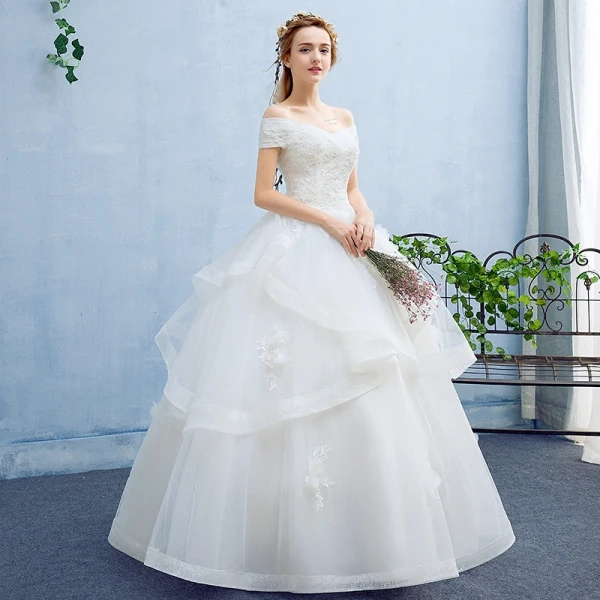 Elegant Wedding Dresses 2017 Ball Gown Flower Lace Backless Sequins Off-The-Shoulder Short Sleeve Floor-Length / Long