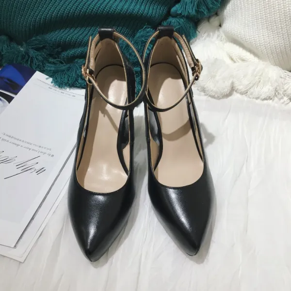 Fashion Black Evening Party Pierced Pumps 2021 Leather Ankle Strap 10 cm Stiletto Heels Pointed Toe Pumps High Heels