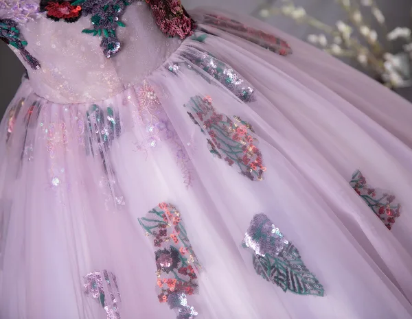 Elegant Lilac Beading Sequins Lace Flower Prom Dresses 2025 Ball Gown Off-The-Shoulder Short Sleeve Backless Floor-Length / Long Prom Formal Dresses