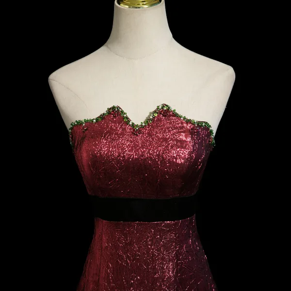 Sexy Burgundy Glitter Prom Dresses 2025 Trumpet / Mermaid Strapless Sleeveless Backless Floor-Length / Long Evening Party Formal Dresses