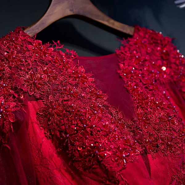 Chic / Belle Rouge Robe De Ceremonie 2017 Fleur Dentelle Perlage 3/4 Manches Longue Princesse Robe De Soirée