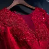 Chic / Belle Rouge Robe De Ceremonie 2017 Fleur Dentelle Perlage 3/4 Manches Longue Princesse Robe De Soirée