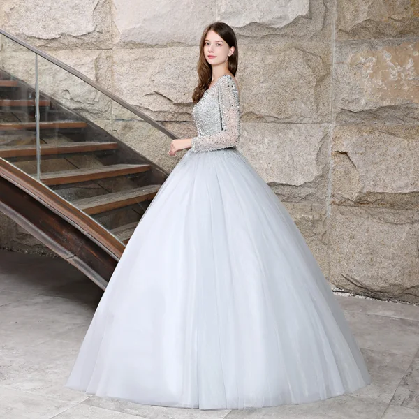 Sparkly Grey Prom Dresses 2018 Ball Gown Beading Sequins Scoop Neck Long Sleeve Backless Floor-Length / Long Formal Dresses