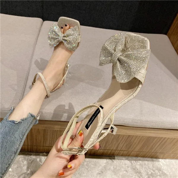 Charmant Rosa Abend Sandalen Damen 2021 Knöchelriemen Strass Schleife 5 cm Stilettos Peeptoes Sandaletten Hochhackige