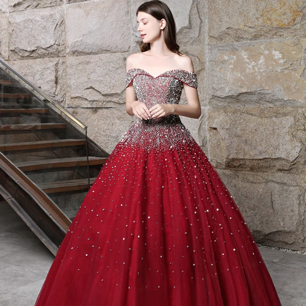 Sparkly Burgundy Prom Dresses 2018 Ball Gown Beading Rhinestone Sequins Off-The-Shoulder Backless Sleeveless Floor-Length / Long Formal Dresses