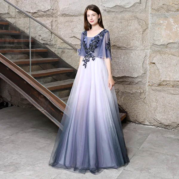 Chic / Beautiful Navy Blue Evening Dresses  2018 A-Line / Princess Appliques Lace Sequins Square Neckline Backless 3/4 Sleeve Floor-Length / Long Formal Dresses